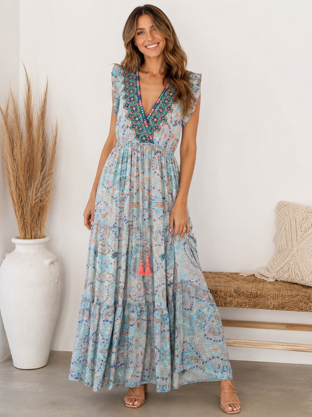 Sumitra Paisley Mirror Embroidered Boho Maxi Dress One Size
